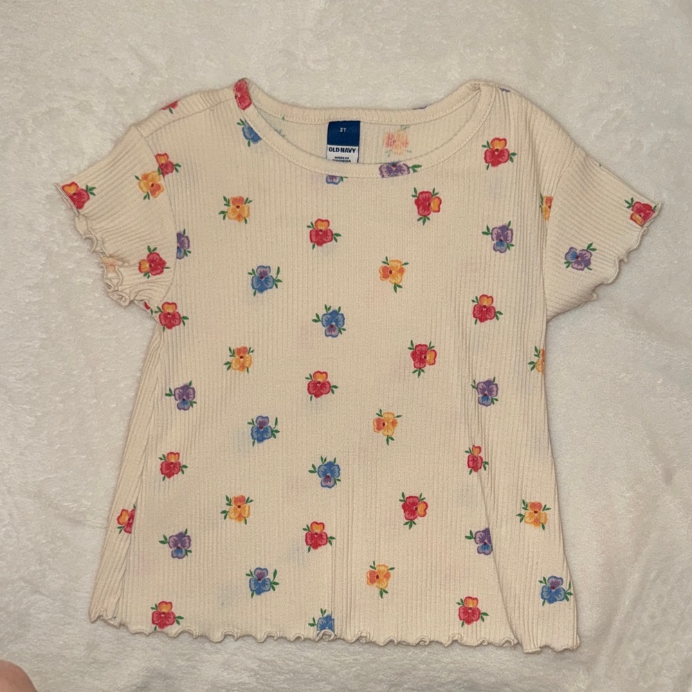 Old Navy Cream Short-Sleeve Ribbed Top with Multicolor Floral Print